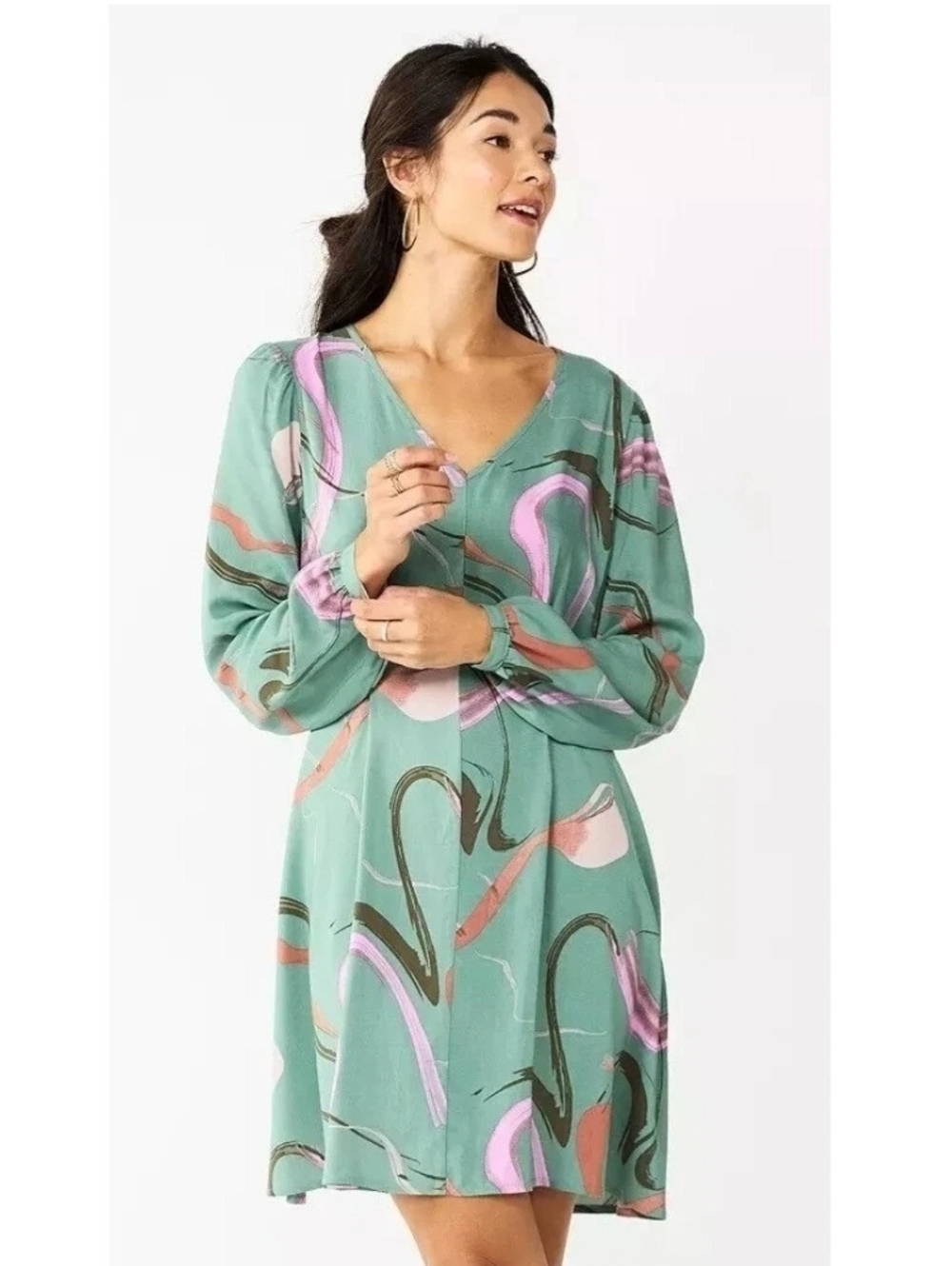 Nine West ✨️ Green Abstract Print Long-Sleeve Dress Size L